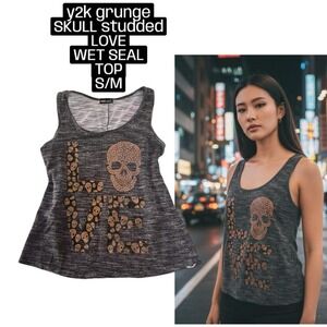 Y2K VTG GRUNGE WET SEAL SKULL STUDDED LOVE TANK TOP SHIRT S/M